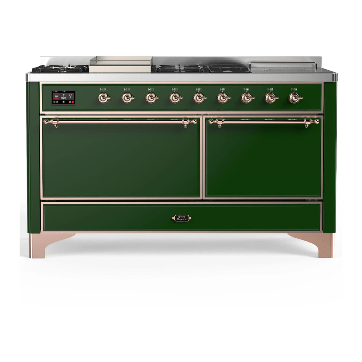 ILVE Majestic III 60-Inch LP Dual Fuel Range, 5 Burners, Griddle, French Top, Solid Door, Emerald Green, Copper Trim (UM60FSQNR3EGPLP)