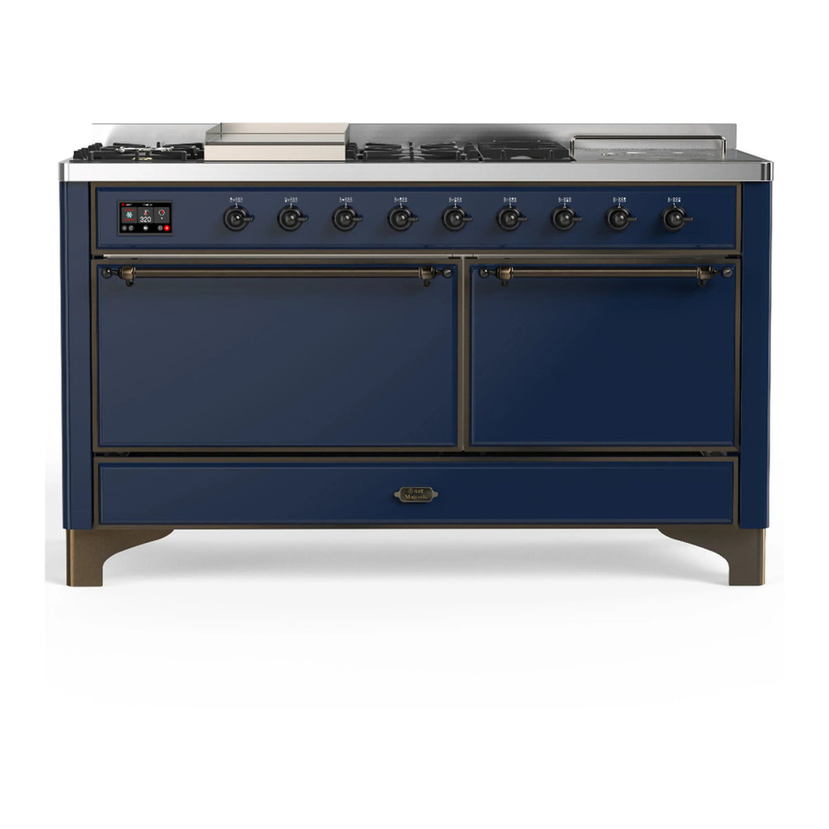 ILVE Majestic III 60-Inch LP Dual Fuel Range, 5 Burners, Griddle, French Top, Solid Door, Midnight Blue, Burnished Trim (UM60FSQNR3MBBLP)