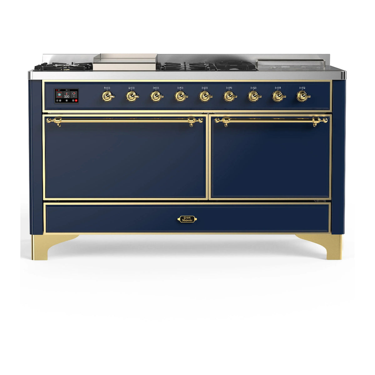 ILVE Majestic III 60-inch Dual Fuel Range with 7 Natural Gas Burner, Griddle, French Top and Solid Door Electric Oven in Midnight Blue with Brass Trim (UM60FSQNR3MBG)