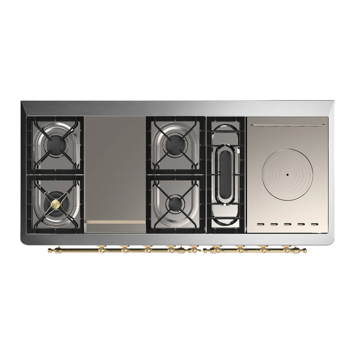ILVE Majestic III 60-inch Dual Fuel Range with 7 Natural Gas Burner, Griddle, French Top and Solid Door Electric Oven in Midnight Blue with Brass Trim (UM60FSQNR3MBG)