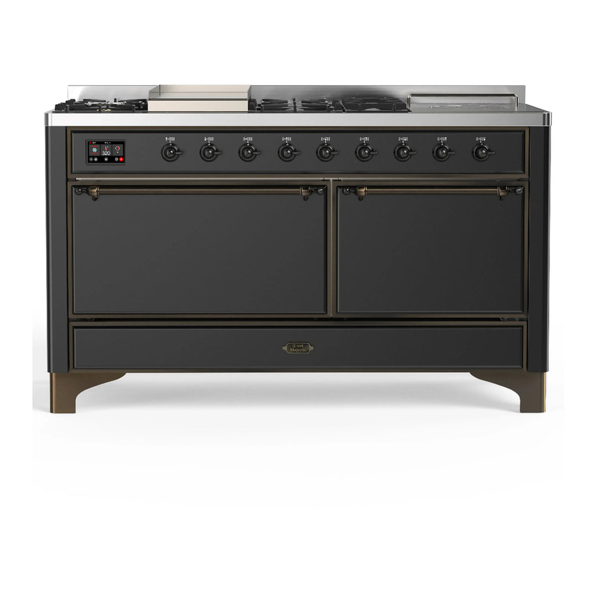 ILVE Majestic III 60-inch Dual Fuel Range with 5 Liquid Propane Burner, Griddle, French Top and Solid Door Electric Oven in Graphite Matte with Burnished Trim (UM60FSQNR3MGBLP)