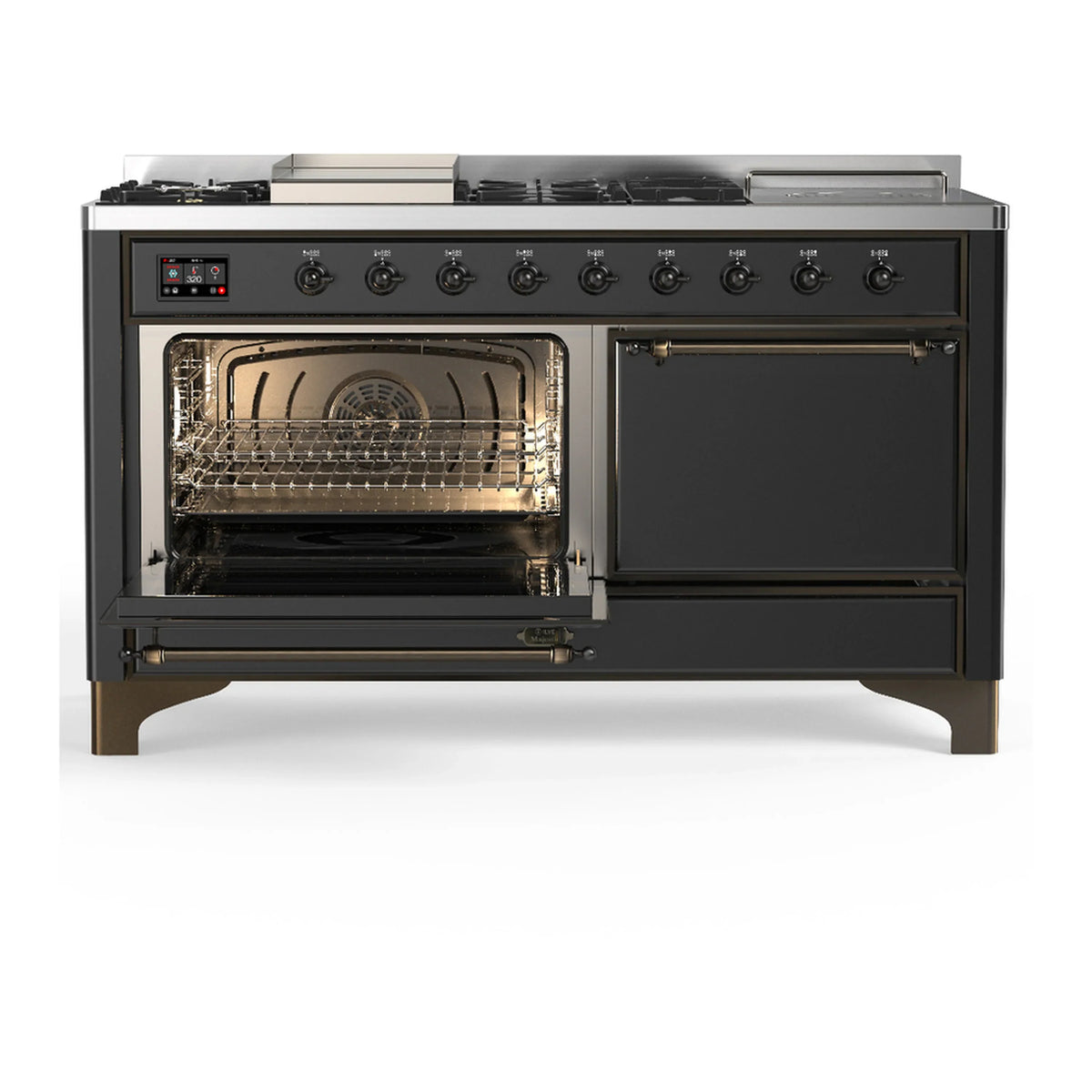 ILVE Majestic III 60-inch Dual Fuel Range with 5 Liquid Propane Burner, Griddle, French Top and Solid Door Electric Oven in Graphite Matte with Burnished Trim (UM60FSQNR3MGBLP)