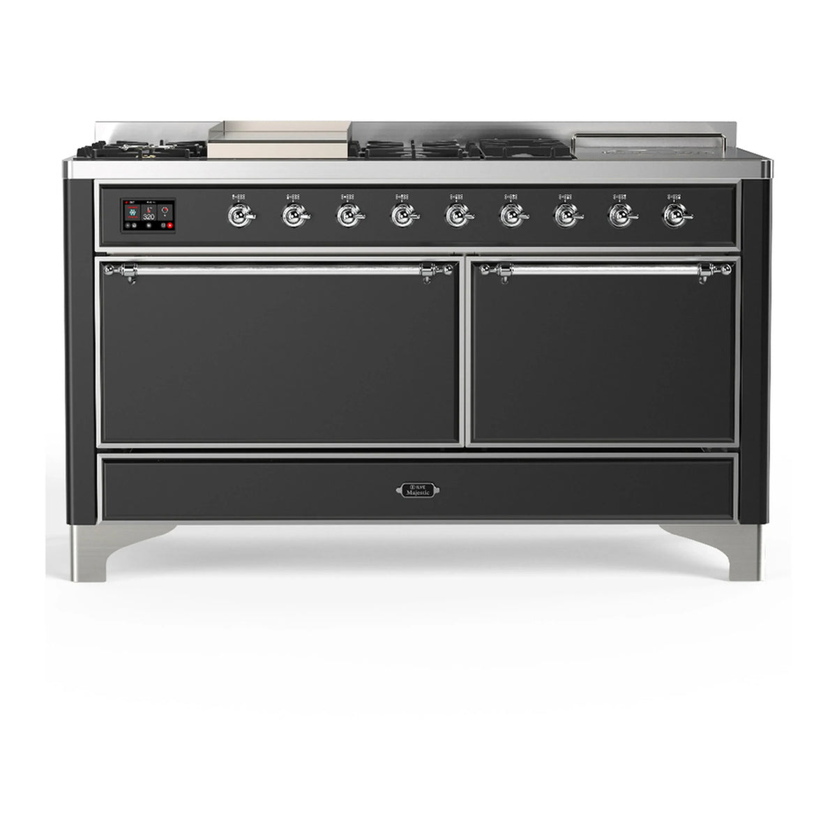 ILVE Majestic III 60-inch Dual Fuel Range with 7 Natural Gas Burner, Griddle, French Top and Solid Door Electric Oven in Graphite Matte with Chrome Trim (UM60FSQNR3MGC)