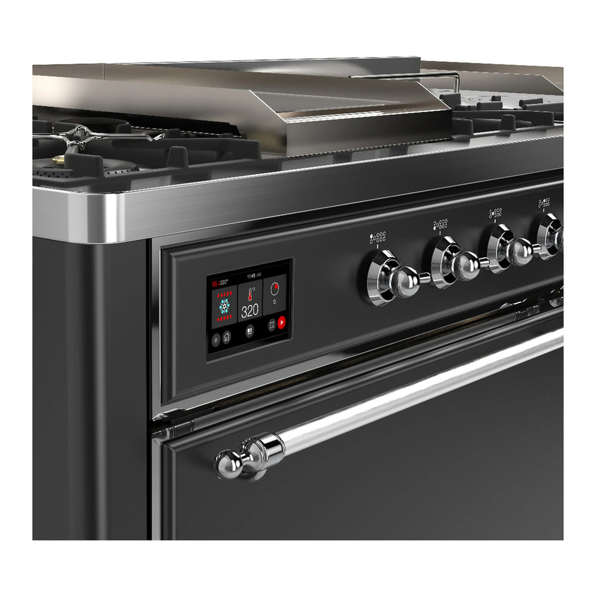 ILVE Majestic III 60-inch Dual Fuel Range with 7 Natural Gas Burner, Griddle, French Top and Solid Door Electric Oven in Graphite Matte with Chrome Trim (UM60FSQNR3MGC)
