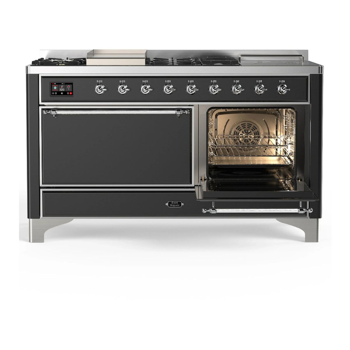 ILVE Majestic III 60-inch Dual Fuel Range with 7 Natural Gas Burner, Griddle, French Top and Solid Door Electric Oven in Graphite Matte with Chrome Trim (UM60FSQNR3MGC)