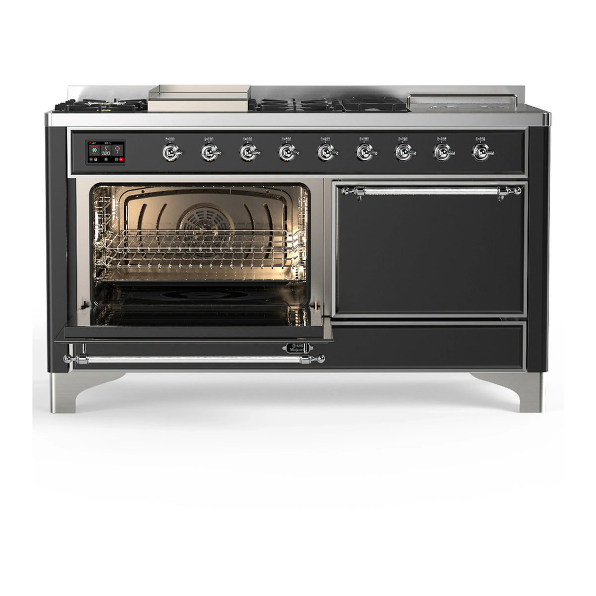 ILVE Majestic III 60-inch Dual Fuel Range with 7 Natural Gas Burner, Griddle, French Top and Solid Door Electric Oven in Graphite Matte with Chrome Trim (UM60FSQNR3MGC)
