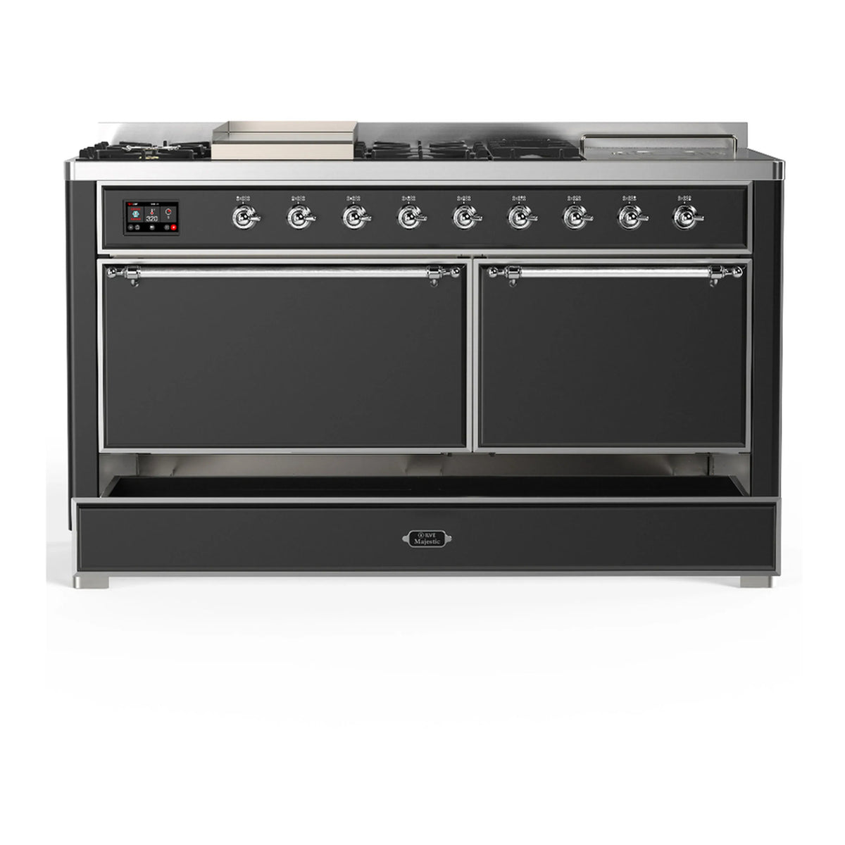 ILVE Majestic III 60-inch Dual Fuel Range with 7 Natural Gas Burner, Griddle, French Top and Solid Door Electric Oven in Graphite Matte with Chrome Trim (UM60FSQNR3MGC)