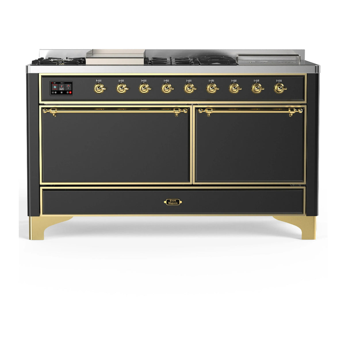 ILVE Majestic III 60-inch Dual Fuel Range with 7 Natural Gas Burner, Griddle, French Top and Solid Door Electric Oven in Graphite Matte with Brass Trim (UM60FSQNR3MGG)