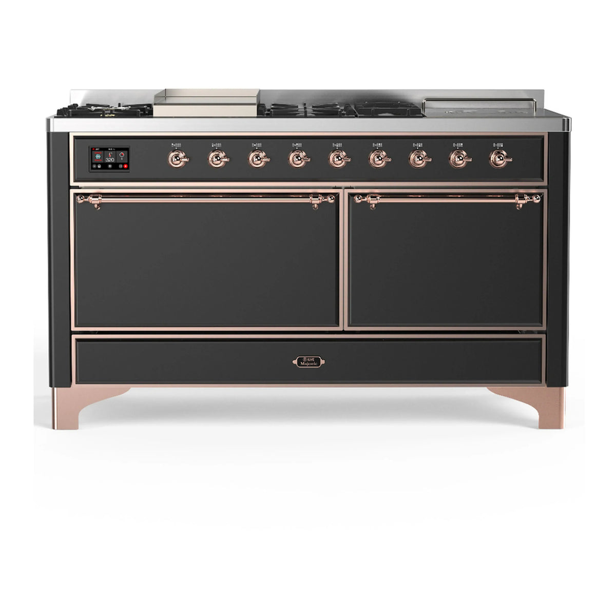 ILVE Majestic III 60-inch Dual Fuel Range with 5 Liquid Propane Burner, Griddle, French Top and Solid Door Electric Oven in Graphite Matte with Copper Trim (UM60FSQNR3MGPLP)
