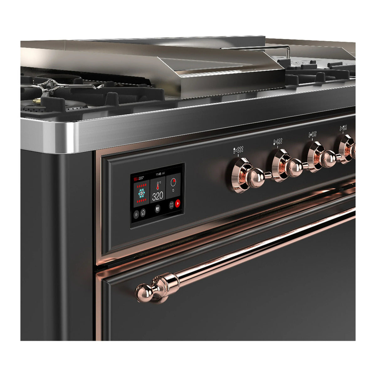 ILVE Majestic III 60-inch Dual Fuel Range with 7 Natural Gas Burner, Griddle, French Top and Solid Door Electric Oven in Graphite Matte with Copper Trim (UM60FSQNR3MGP)