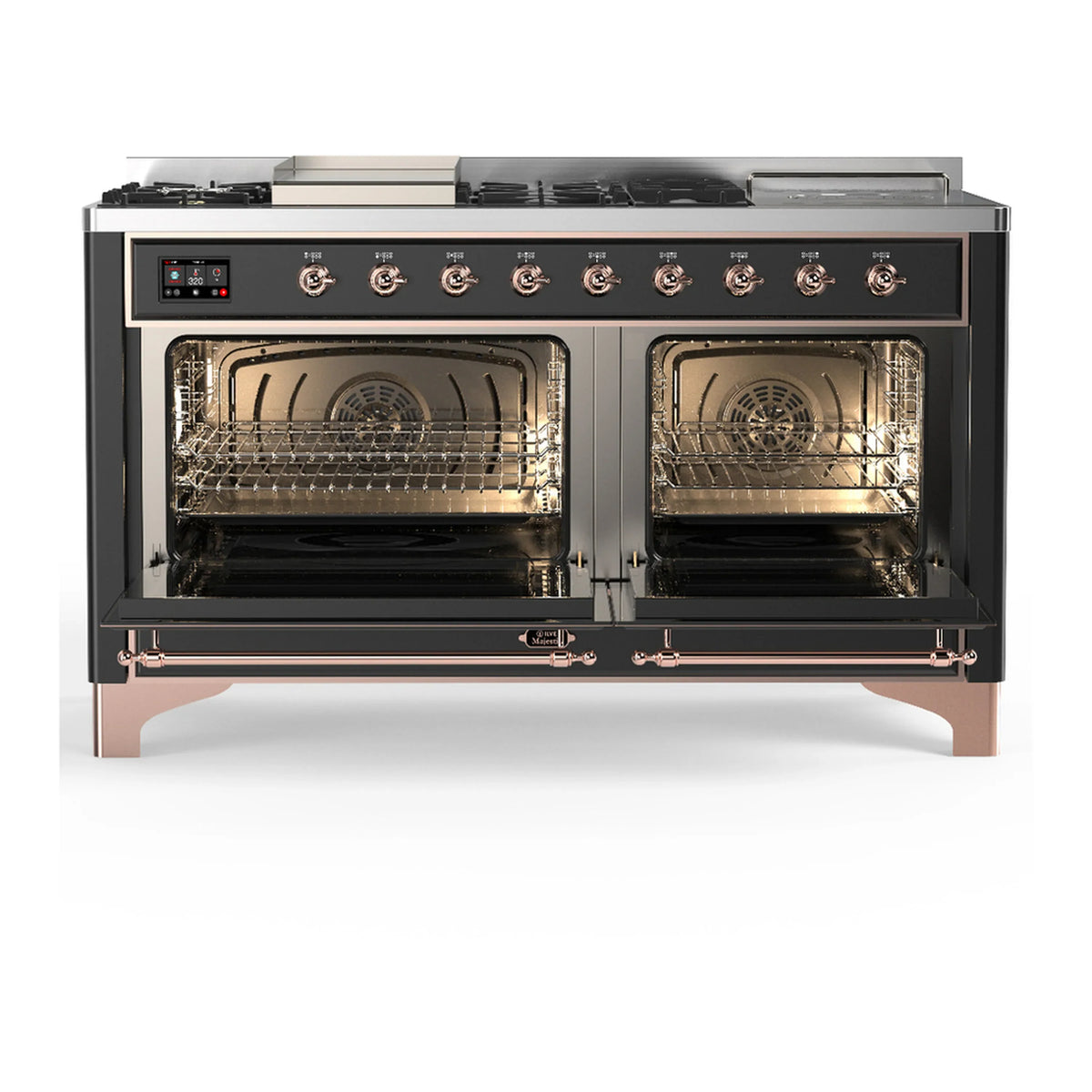 ILVE Majestic III 60-inch Dual Fuel Range with 7 Natural Gas Burner, Griddle, French Top and Solid Door Electric Oven in Graphite Matte with Copper Trim (UM60FSQNR3MGP)