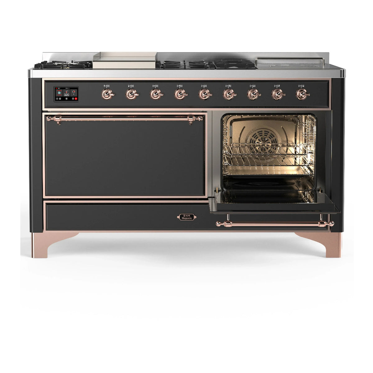 ILVE Majestic III 60-inch Dual Fuel Range with 7 Natural Gas Burner, Griddle, French Top and Solid Door Electric Oven in Graphite Matte with Copper Trim (UM60FSQNR3MGP)