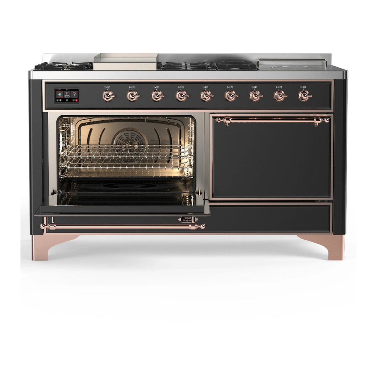 ILVE Majestic III 60-inch Dual Fuel Range with 7 Natural Gas Burner, Griddle, French Top and Solid Door Electric Oven in Graphite Matte with Copper Trim (UM60FSQNR3MGP)