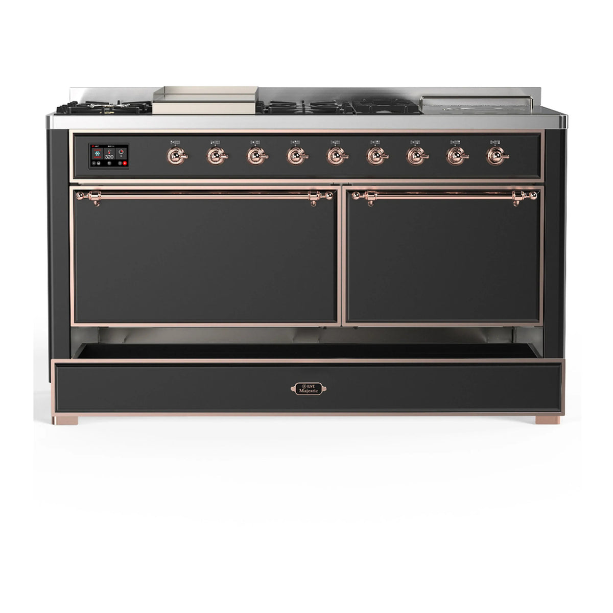 ILVE Majestic III 60-inch Dual Fuel Range with 7 Natural Gas Burner, Griddle, French Top and Solid Door Electric Oven in Graphite Matte with Copper Trim (UM60FSQNR3MGP)