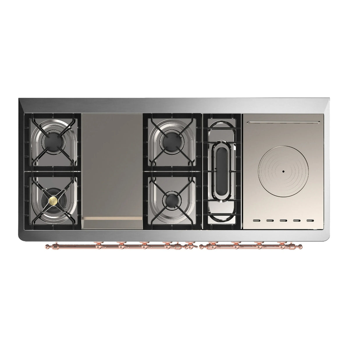 ILVE Majestic III 60-inch Dual Fuel Range with 7 Natural Gas Burner, Griddle, French Top and Solid Door Electric Oven in Graphite Matte with Copper Trim (UM60FSQNR3MGP)