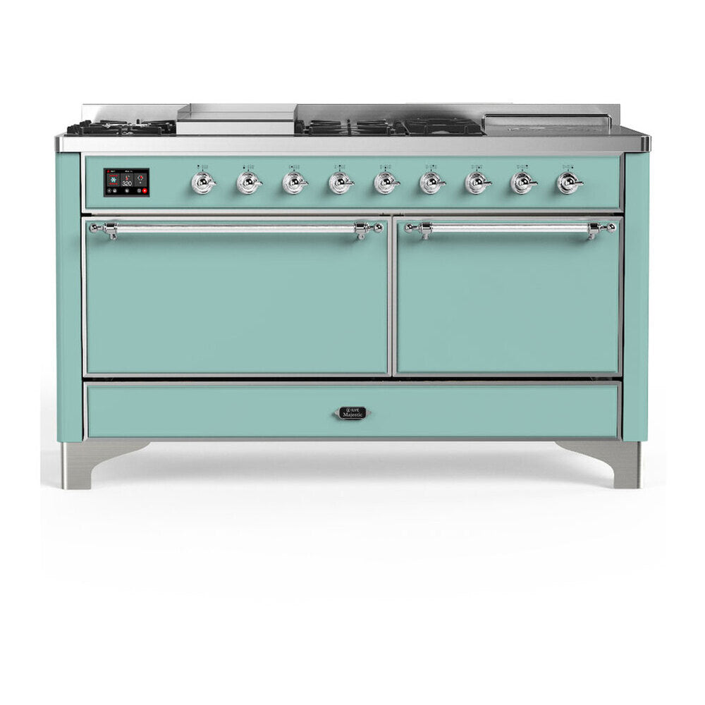 ILVE Majestic III 60-Inch LP Dual Fuel Range, 5 Burners, Griddle, French Top, Solid Door, Mediterranean Mint, Chrome Trim (UM60FSQNR3MMCLP)