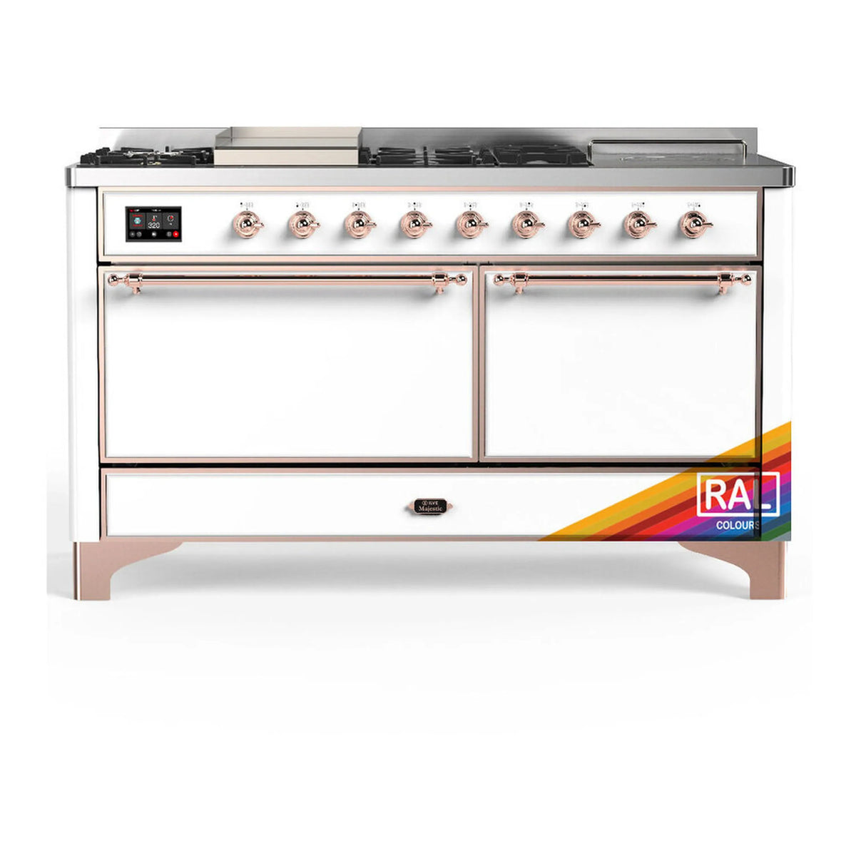 ILVE Majestic III 60-inch Dual Fuel Range with 5 Liquid Propane Burner, Griddle, French Top and Solid Door Electric Oven in RAL with Copper Trim (UM60FSQNR3RAPLP)