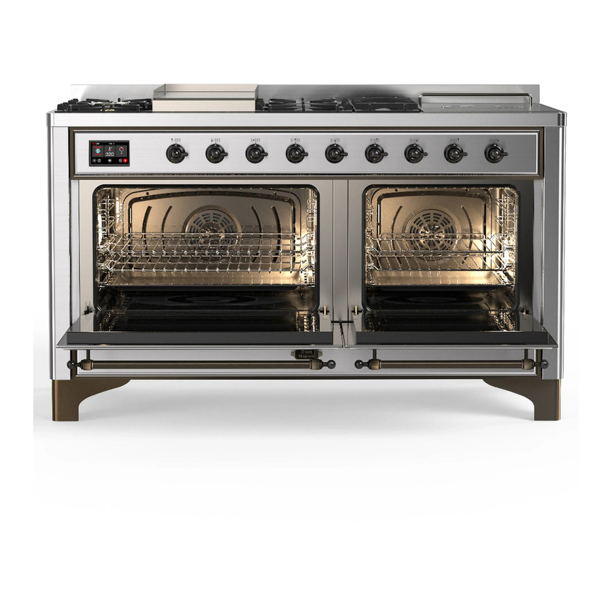 ILVE Majestic III 60-inch Dual Fuel Range with 5 Liquid Propane Burner, Griddle, French Top and Solid Door Electric Oven in Stainless Steel with Burnished Trim (UM60FSQNR3SSBLP)