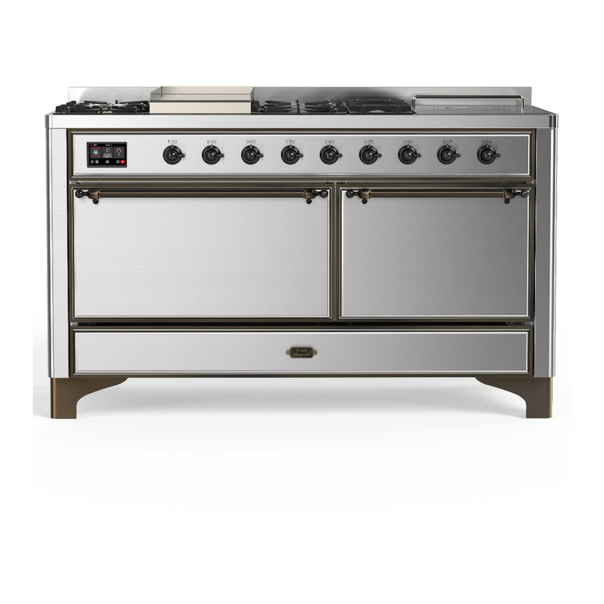 ILVE Majestic III 60-Inch NG Dual Fuel Range, 7 Burners, Griddle, French Top, Solid Door, Stainless Steel with Burnished Trim (UM60FSQNR3SSB)