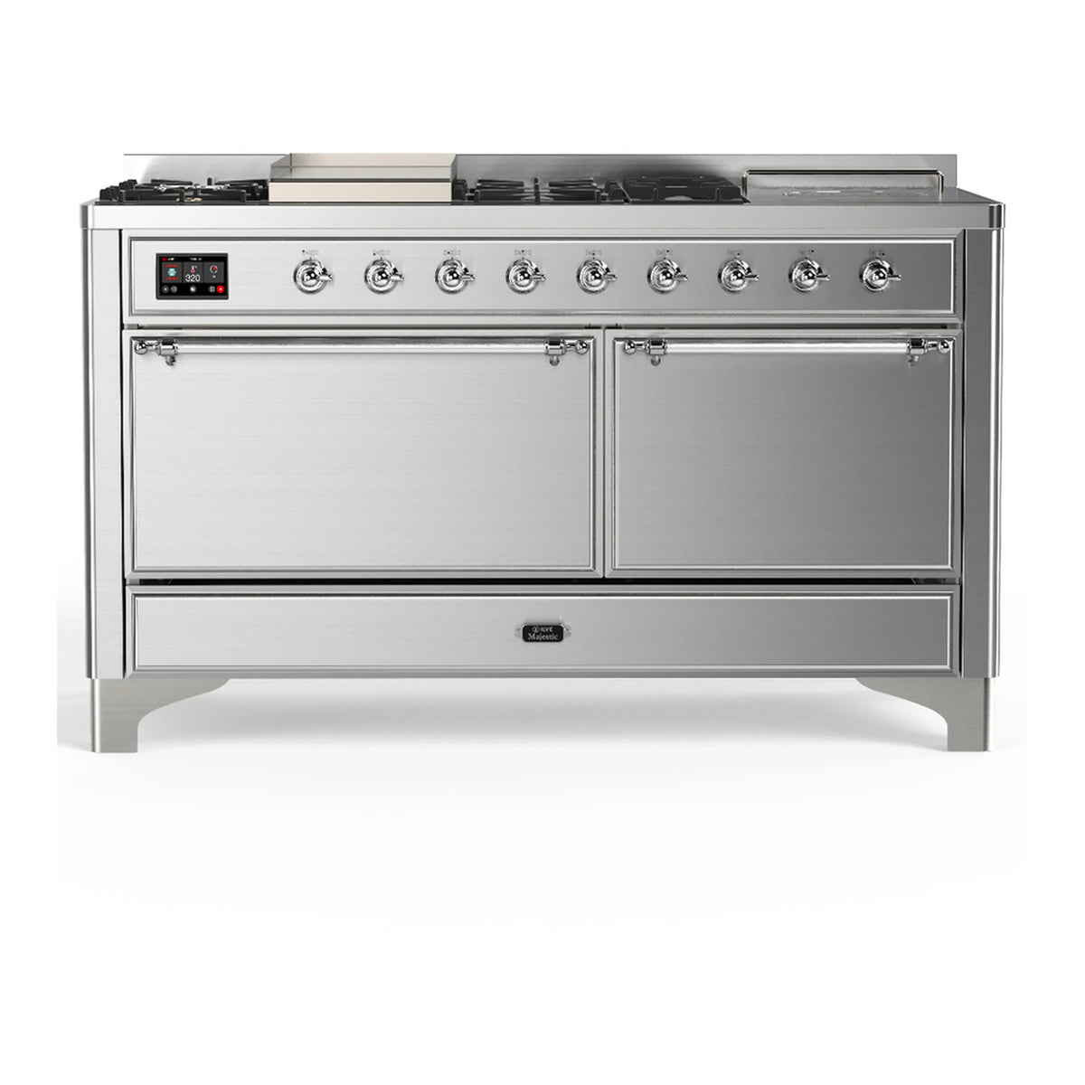 ILVE Majestic III 60-Inch NG Dual Fuel Range, 7 Burners, Griddle, French Top, Solid Door, Stainless Steel with Chrome Trim (UM60FSQNR3SSC)