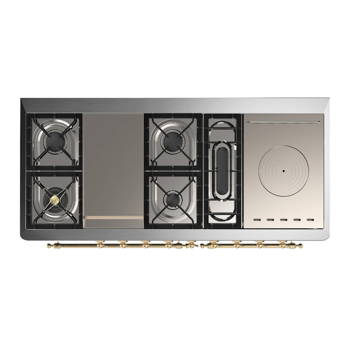 ILVE Majestic III 60-Inch LP Dual Fuel Range, 5 Burners, Griddle, French Top, Solid Door, Stainless Steel, Brass Trim (UM60FSQNR3SSGLP)