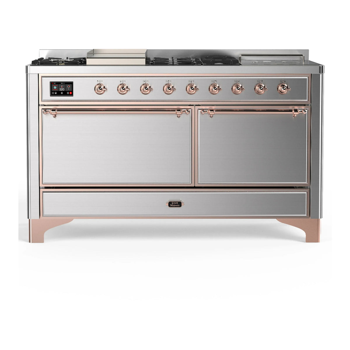ILVE Majestic III 60-Inch NG Dual Fuel Range, 7 Burners, Griddle, French Top, Solid Door, Stainless Steel with Copper Trim (UM60FSQNR3SSP)