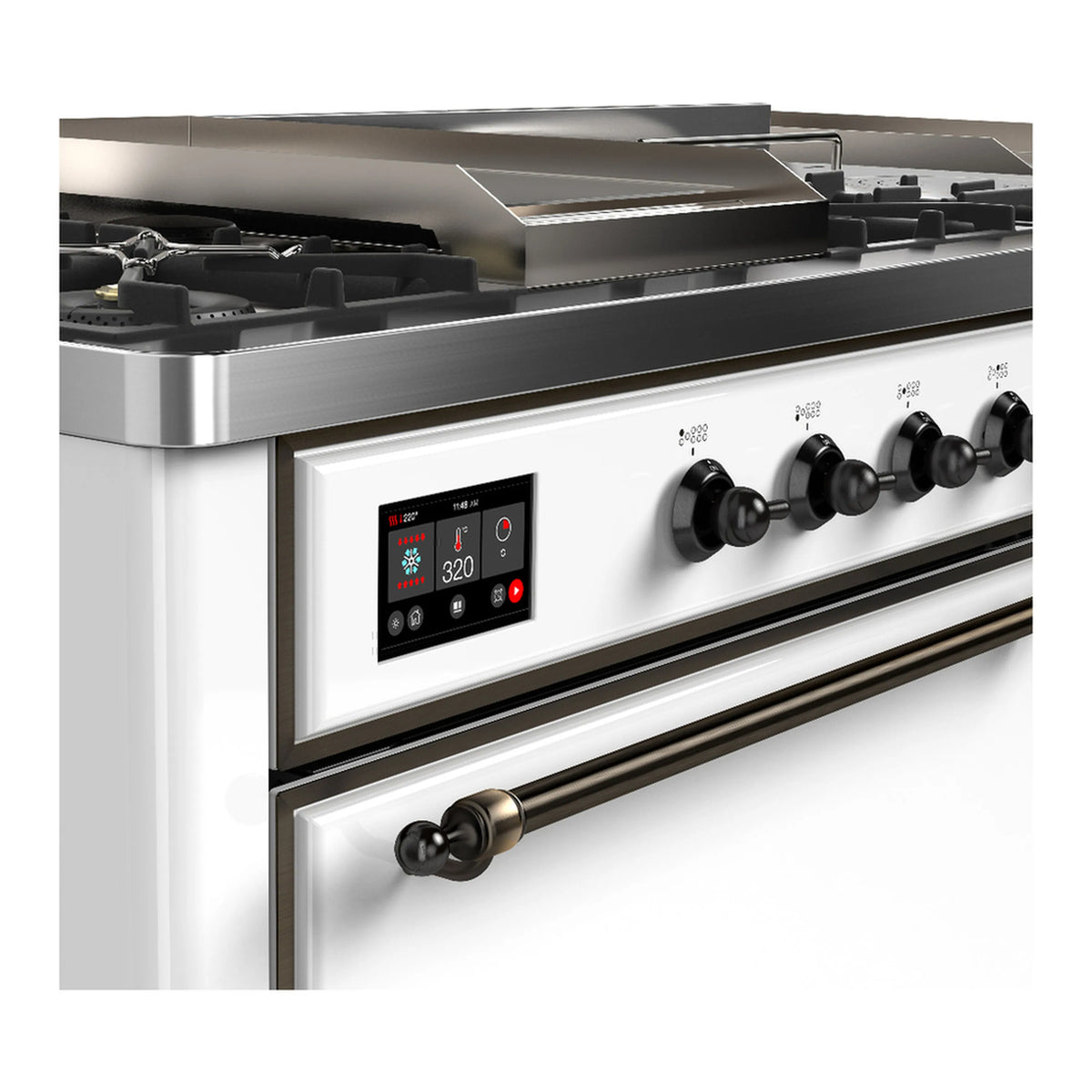 ILVE Majestic III 60-inch Dual Fuel Range with 5 Liquid Propane Burner, Griddle, French Top and Solid Door Electric Oven in White with Burnished Trim (UM60FSQNR3WHBLP)