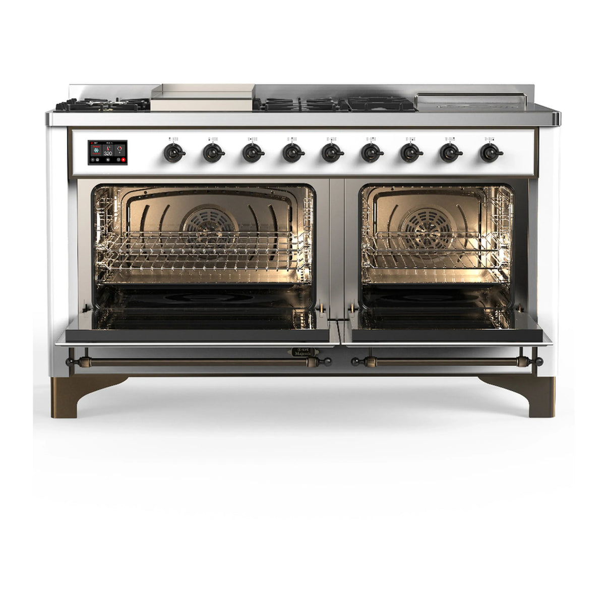 ILVE Majestic III 60-inch Dual Fuel Range with 5 Liquid Propane Burner, Griddle, French Top and Solid Door Electric Oven in White with Burnished Trim (UM60FSQNR3WHBLP)