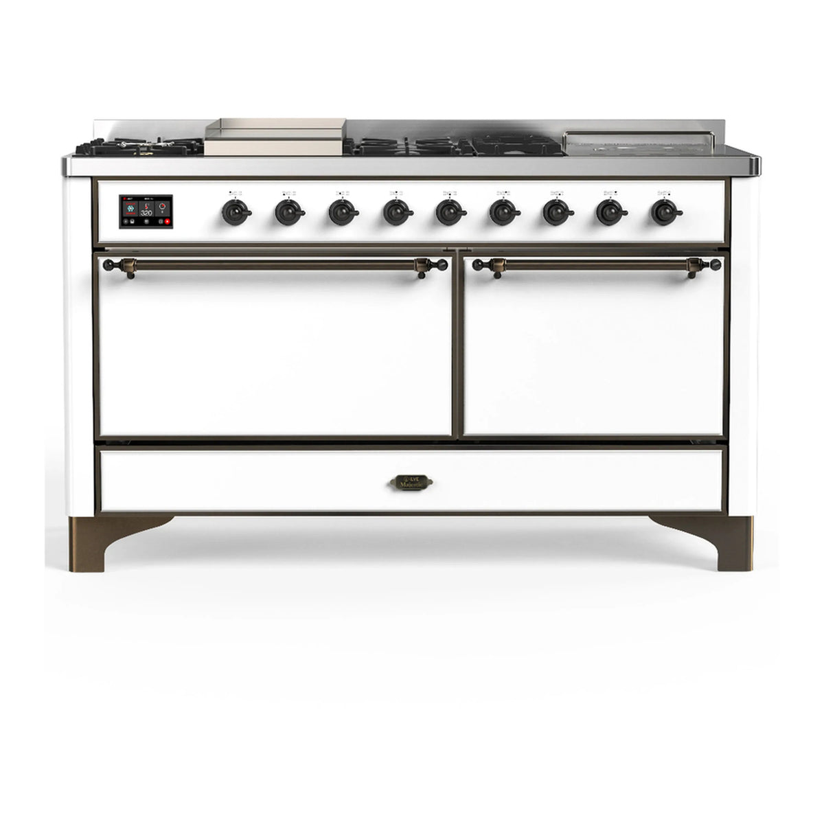 ILVE Majestic III 60-Inch NG Dual Fuel Range, 7 Burners, Griddle, French Top, Solid Door, White with Burnished Trim (UM60FSQNR3WHB)