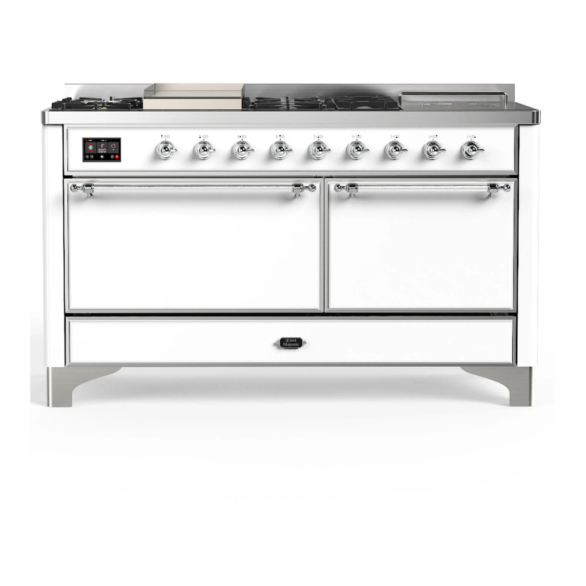 ILVE Majestic III 60-Inch NG Dual Fuel Range, 7 Burners, Griddle, French Top, Solid Door, White with Chrome Trim (UM60FSQNR3WHC)
