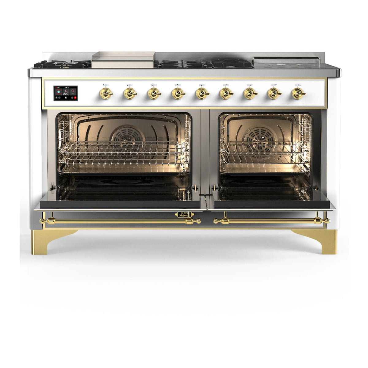 ILVE Majestic III 60-inch Dual Fuel Range with 5 Liquid Propane Burner, Griddle, French Top and Solid Door Electric Oven in White with Brass Trim (UM60FSQNR3WHGLP)