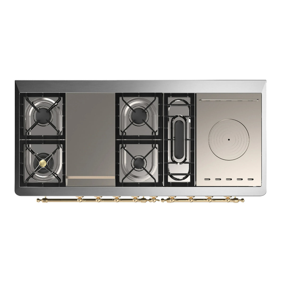 ILVE Majestic III 60-Inch NG Dual Fuel Range, 7 Burners, Griddle, French Top, Solid Door, White with Brass Trim (UM60FSQNR3WHG)