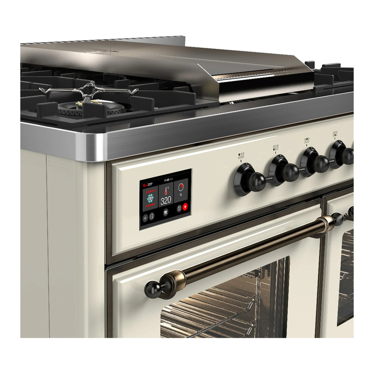 ILVE Majestic III 40-inch Dual Fuel Range with 5 Liquid Propane Burner, Griddle and Triple Glass Door Electric Oven in Antique White with Burnished Trim (UMD40FNR3AWBLP)