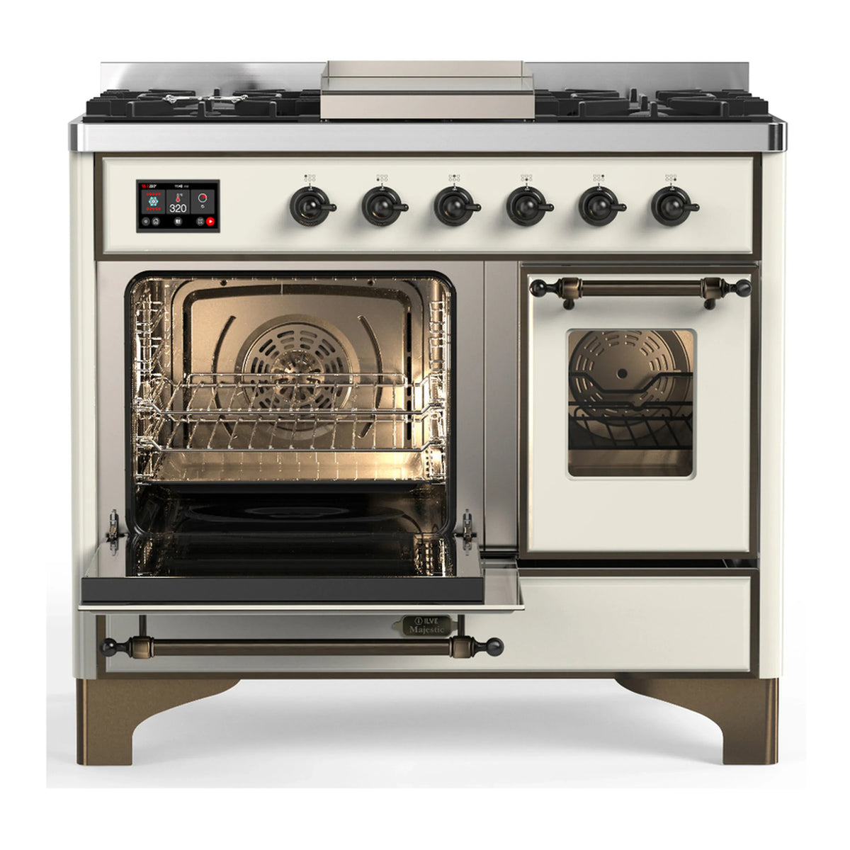 ILVE Majestic III 40-inch Dual Fuel Range with 5 Liquid Propane Burner, Griddle and Triple Glass Door Electric Oven in Antique White with Burnished Trim (UMD40FNR3AWBLP)
