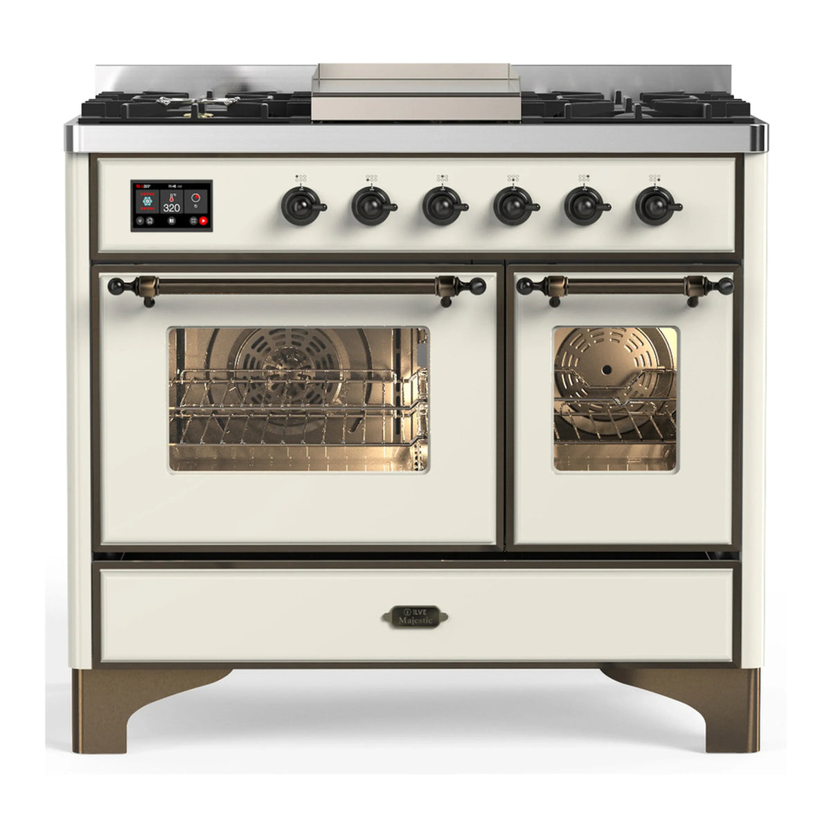 ILVE Majestic III 40-Inch NG Dual Fuel Range, 6 Burners, Griddle, Triple Glass Door Oven, Antique White with Burnished Trim (UMD40FNR3AWB)