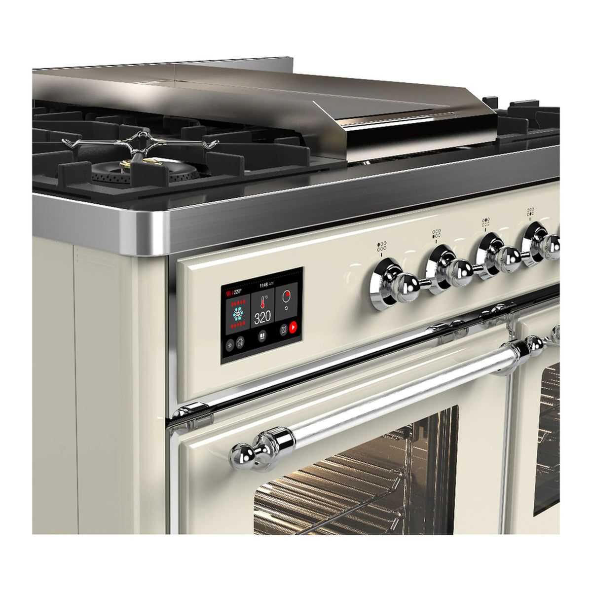 ILVE Majestic III 40-inch Dual Fuel Range with 5 Liquid Propane Burner, Griddle and Triple Glass Door Electric Oven in Antique White with Chrome Trim (UMD40FNR3AWCLP)