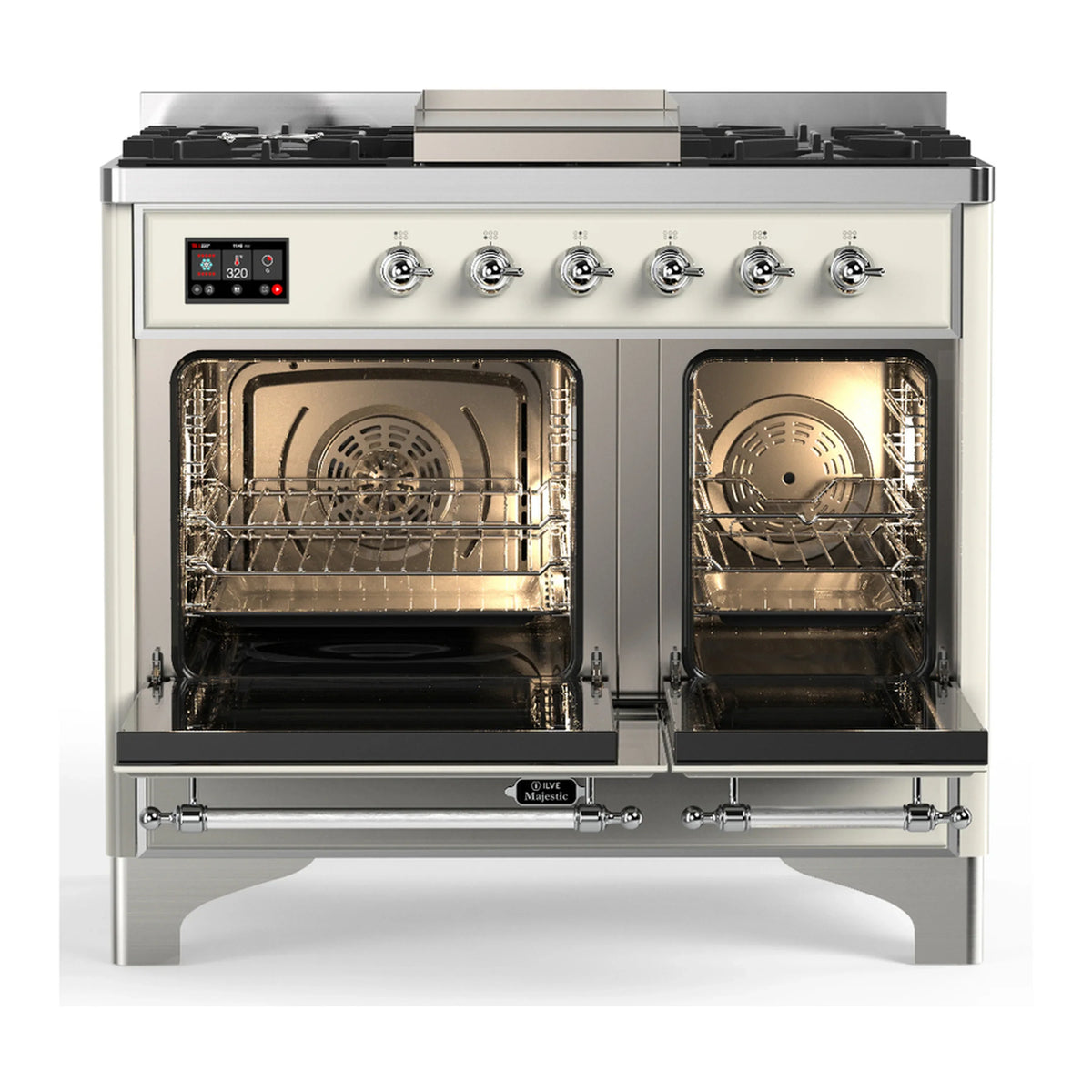 ILVE Majestic III 40-inch Dual Fuel Range with 5 Liquid Propane Burner, Griddle and Triple Glass Door Electric Oven in Antique White with Chrome Trim (UMD40FNR3AWCLP)