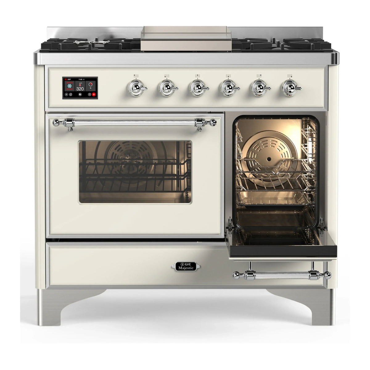 ILVE Majestic III 40-inch Dual Fuel Range with 5 Liquid Propane Burner, Griddle and Triple Glass Door Electric Oven in Antique White with Chrome Trim (UMD40FNR3AWCLP)