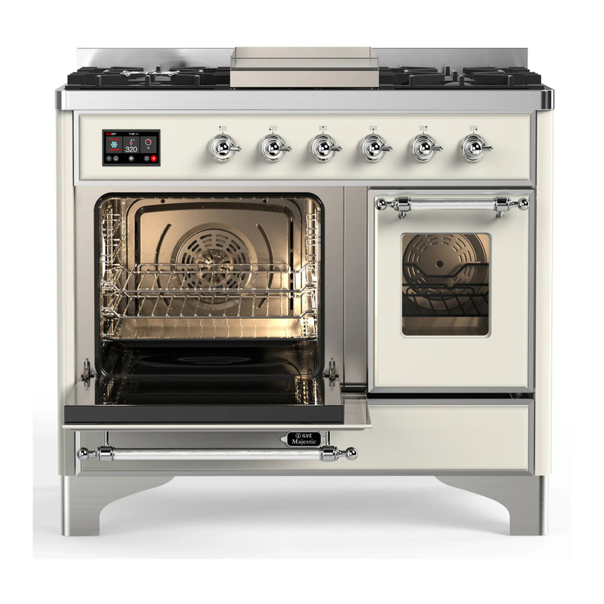 ILVE Majestic III 40-inch Dual Fuel Range with 5 Liquid Propane Burner, Griddle and Triple Glass Door Electric Oven in Antique White with Chrome Trim (UMD40FNR3AWCLP)