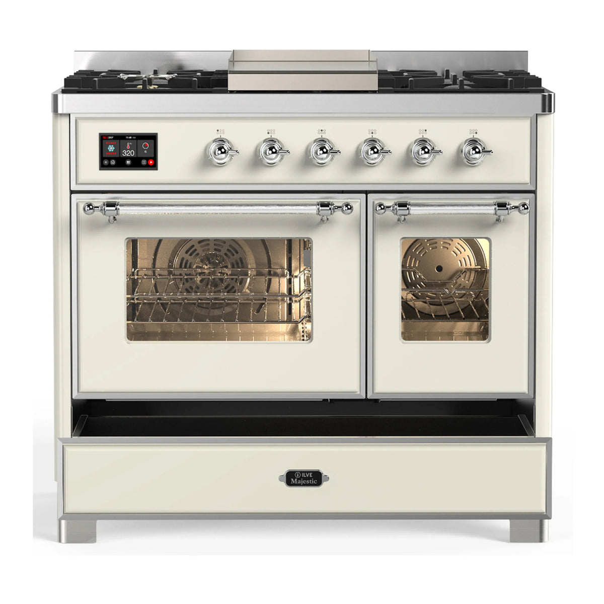 ILVE Majestic III 40-inch Dual Fuel Range with 5 Liquid Propane Burner, Griddle and Triple Glass Door Electric Oven in Antique White with Chrome Trim (UMD40FNR3AWCLP)