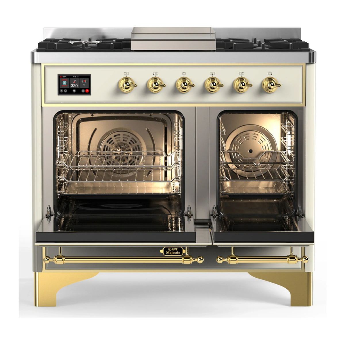 ILVE Majestic III 40-inch Dual Fuel Range with 5 Liquid Propane Burner, Griddle and Triple Glass Door Electric Oven in Antique White with Brass Trim (UMD40FNR3AWGLP)