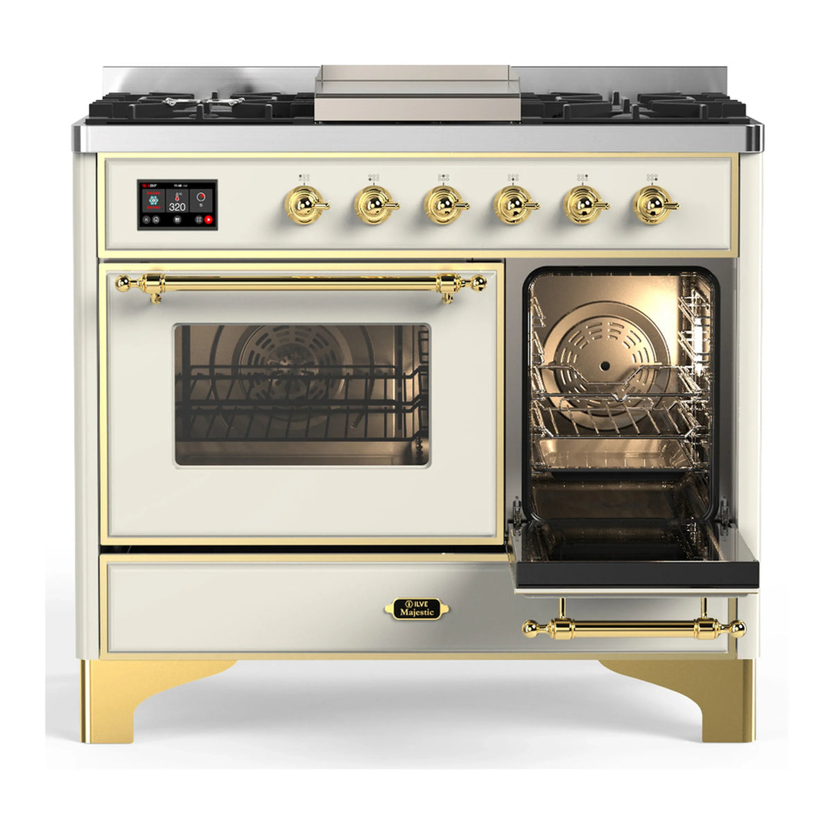 ILVE Majestic III 40-inch Dual Fuel Range with 5 Liquid Propane Burner, Griddle and Triple Glass Door Electric Oven in Antique White with Brass Trim (UMD40FNR3AWGLP)