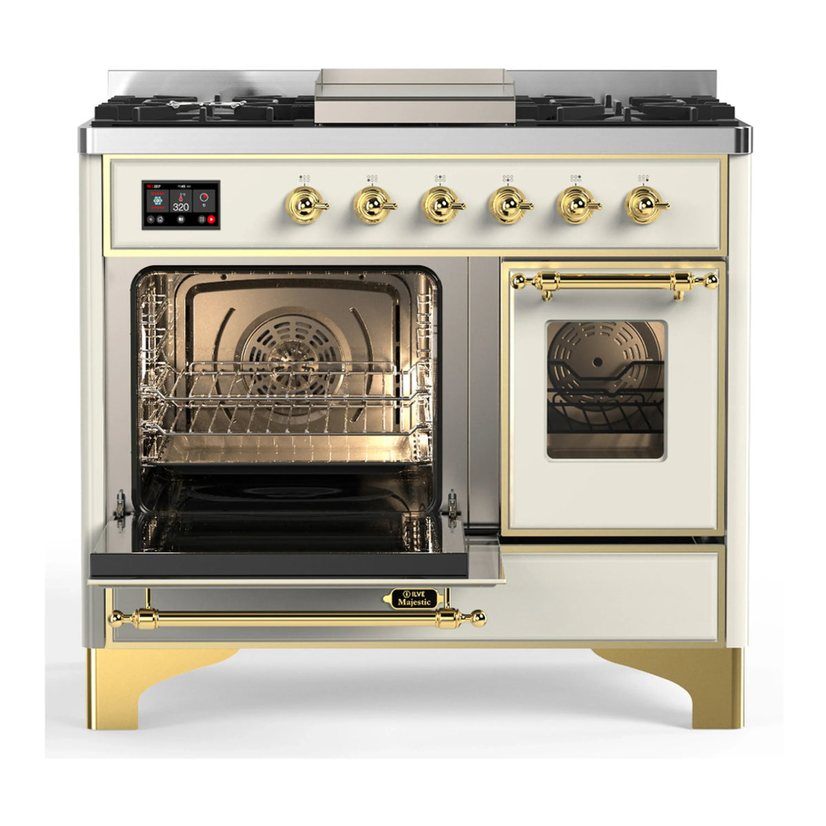 ILVE Majestic III 40-inch Dual Fuel Range with 5 Liquid Propane Burner, Griddle and Triple Glass Door Electric Oven in Antique White with Brass Trim (UMD40FNR3AWGLP)