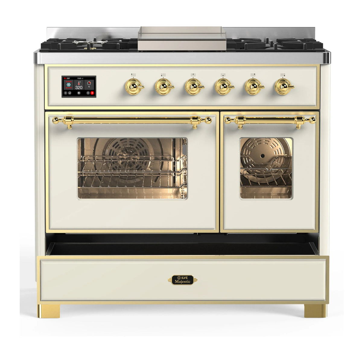 ILVE Majestic III 40-inch Dual Fuel Range with 5 Liquid Propane Burner, Griddle and Triple Glass Door Electric Oven in Antique White with Brass Trim (UMD40FNR3AWGLP)