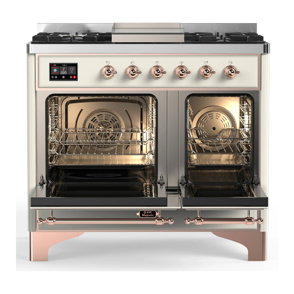 ILVE Majestic III 40-inch Dual Fuel Range with 5 Liquid Propane Burner, Griddle and Triple Glass Door Electric Oven in Antique White with Copper Trim (UMD40FNR3AWPLP)