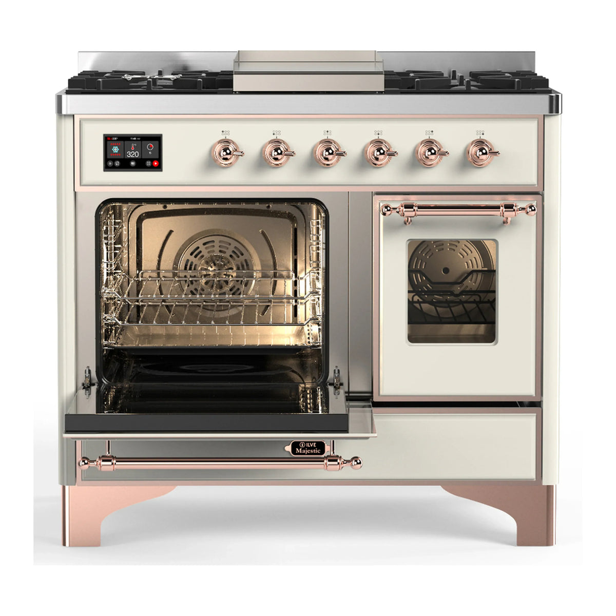 ILVE Majestic III 40-inch Dual Fuel Range with 5 Liquid Propane Burner, Griddle and Triple Glass Door Electric Oven in Antique White with Copper Trim (UMD40FNR3AWPLP)