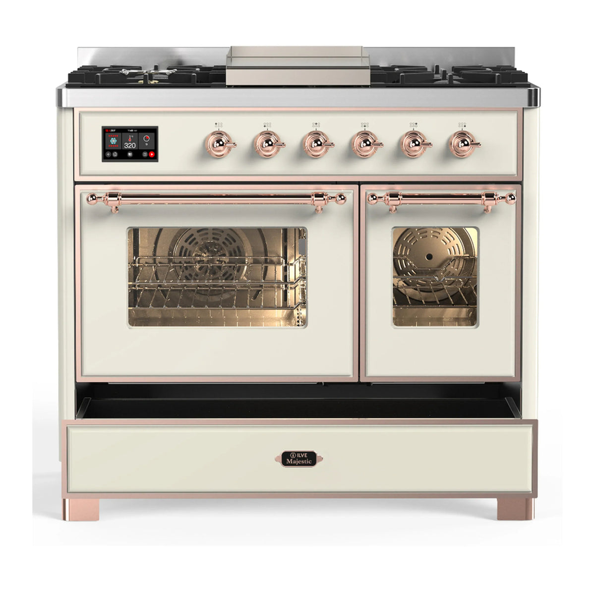 ILVE Majestic III 40-inch Dual Fuel Range with 5 Liquid Propane Burner, Griddle and Triple Glass Door Electric Oven in Antique White with Copper Trim (UMD40FNR3AWPLP)