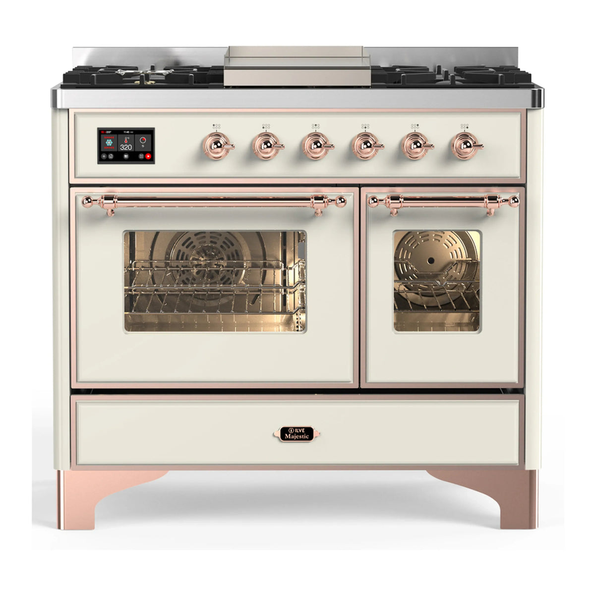 ILVE Majestic III 40-Inch NG Dual Fuel Range, 6 Burners, Griddle, Triple Glass Door Oven, Antique White with Copper Trim (UMD40FNR3AWP)