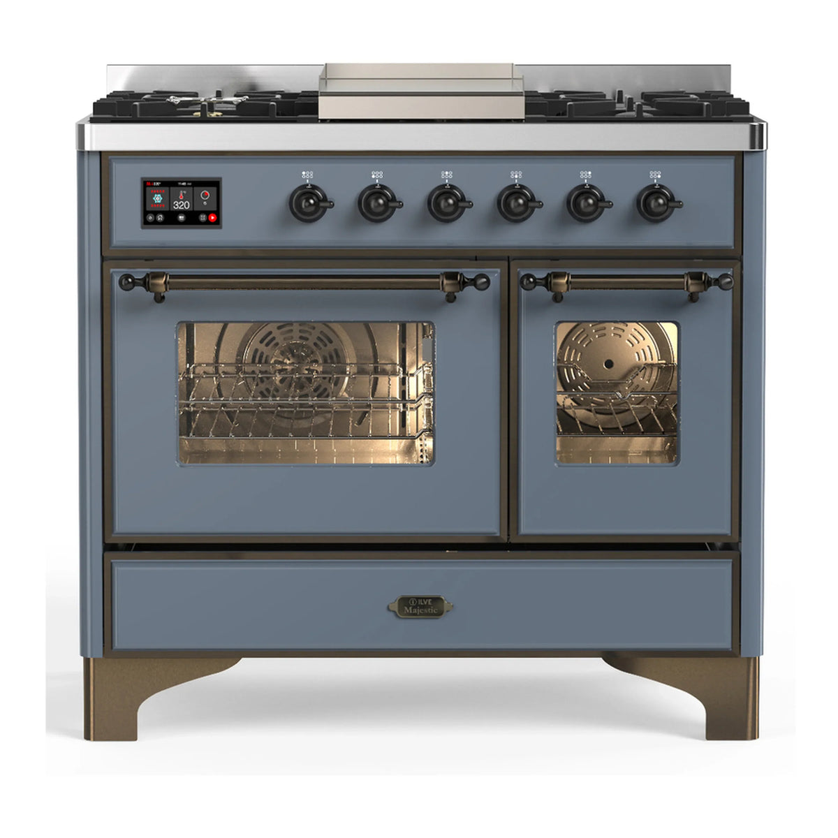 ILVE Majestic III 40-Inch LP Dual Fuel Range, 5 Burners, Griddle, Triple Glass Door Oven, Blue Grey with Burnished Trim (UMD40FNR3BGBLP)