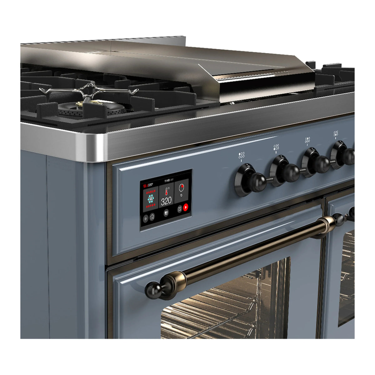 ILVE Majestic III 40-inch Dual Fuel Range with 6 Natural Gas Burner, Griddle and Triple Glass Door Electric Oven in Blue Grey with Burnished Trim (UMD40FNR3BGB)